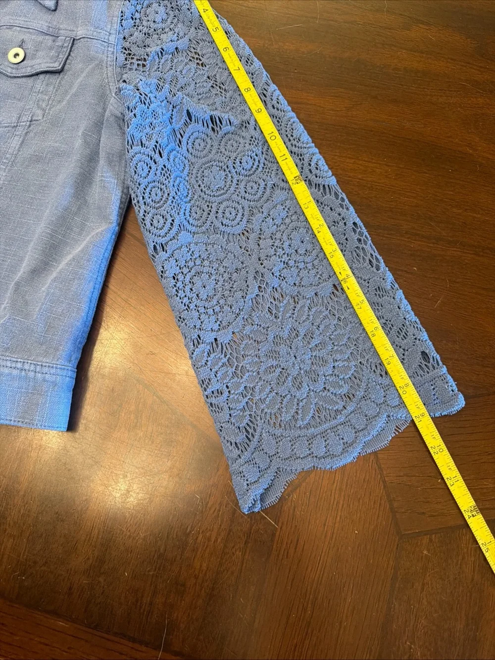 Soft Surroundings Light Blue Denim Jacket with Crochet Sleeves